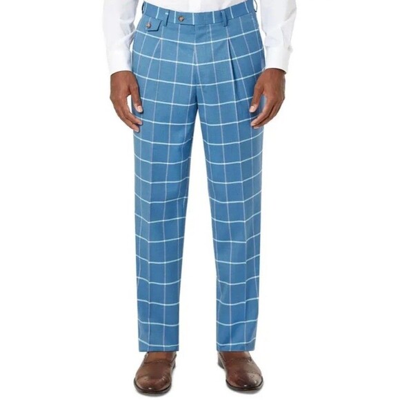 Tayion By Montee Holland Dress Pants Mens 38x30 Blue Plaid Wool Blend Straight - Picture 1 of 9